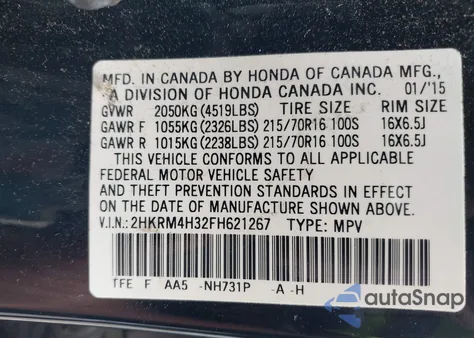 2015 Honda Cr-V Lx z USA, uszkodzony, nr VIN 2HKRM4H32FH621267